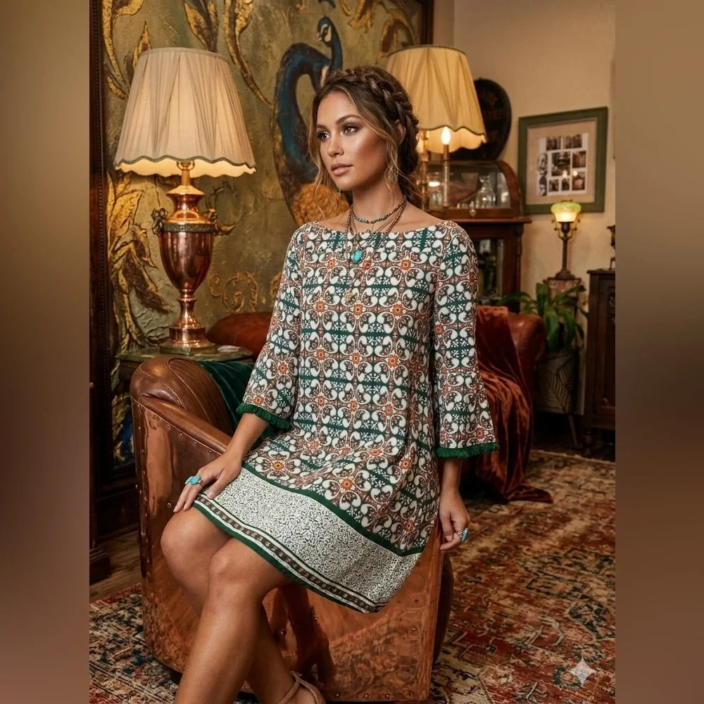 Lulus Boho Glam Open Back Medallion Print Bell Sleeve Mini Dress Size Large - Picture 3 of 12